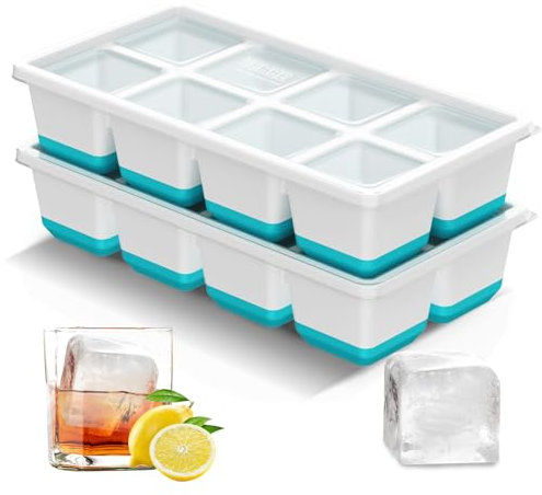 VEHHE Ice Cube Tray, 2pcs Large Ice Cube Moulds, Flexible Silicone Ice Cube Tray Easy Clean, Reusable Ice Trays for Freezer with Lid Save Space, Large Square Ice Cubes for Whisky, Cocktails, Drinks