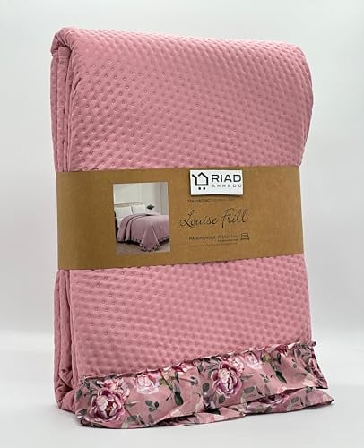 Riad Arredo Trapuntino Matrimoniale Double Face Con Volant Primaverile Estivo Morbida Microfibra - Copriletto Trapuntato Leggero Elegante Shabby (Louise Rosa Antico)