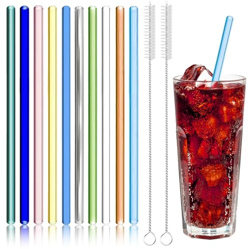 10 Pcs Glass Straws Reusable, 20cm Coloured Drinking Straw with 2 Cleaning Brushes, Glass Straws BPA-Free for Smoothie Milkshake Milk Coffee Cocktail Cold Drinks 8mm Diameter