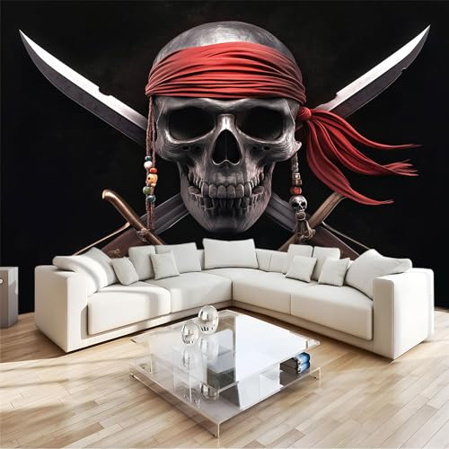 3D Effekt Fototapete Totenkopf Gekreuzte SäBel Wanddeko Tapete, Schwarz Hochwertige Wanddekoration Wandtapete, Vlies Tapete Wandbild für Wohnzimmer Schlafzimmer Büro 350x256cm
