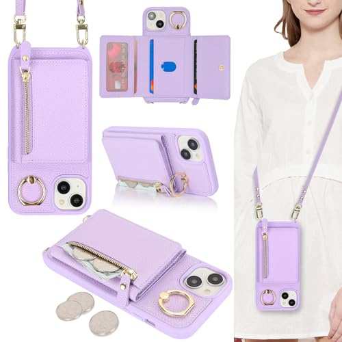 ELTEKER Handyhülle für iPhone 15 Hülle mit Band Kartenfach Ringhalterung Geldbörse,Leder Klapphülle Umhängetasche Handytasche für iPhone 15 - lila