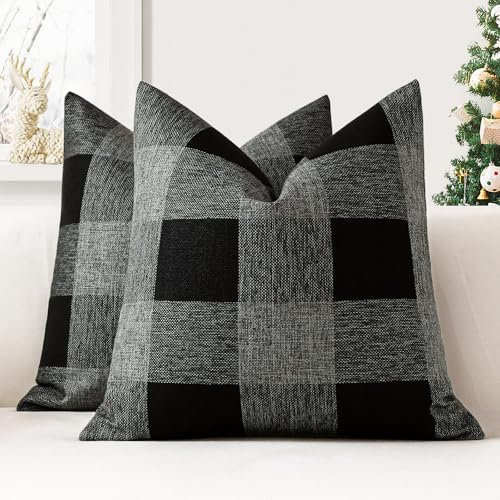 JOTOM 2er Set Buffalo Plaid Kissenbezüge, Dekorative Weich Plaid Wurf Kissenbezug Moderne Kissenhüllen Sofakissen Dekokissen Zierkissenbezug für Wohnzimmer Schlafzimmer Deko (50x50cm, Schwarz+Grau)