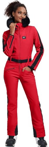 ALSOGO Skianzug Frauen ein Stück Schneeanzug isoliert wasserdicht winddicht Schnee Outfits Jumpsuits mit abnehmbaren Pelzkragen