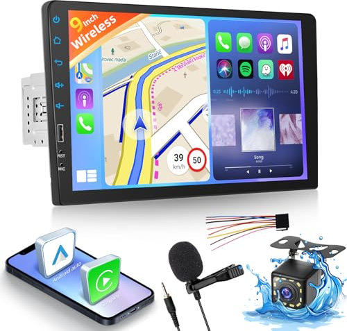 Autoradio 1 Din con Wireless Carplay e Android Auto - Radio Touchscreen da 9 Pollici con EQ, Mirror Link, Bluetooth, Radio FM, SWC, Ingresso USB + Telecamera di Backup
