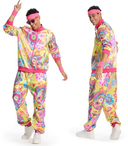 Ulikey 80er Trainingsanzug, 80er 90er Jahre Outfit Herren Damen, Kostüm 80er Jahre Set mit Stirnband Armbänder Brille Paare para Faschingskostüme Karneval Cosplay (Rosa Gelb, L)