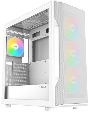 SAMA S40 Mid Tower PC Case – High Airflow Mesh Front Panel, Tempered Glass Side Panel, 4x120mm ARGB PWM Fans Pre-Installed, Supports ATX/M-ATX/ITX Motherboards & RTX 4090 GPUs, White Computer Case