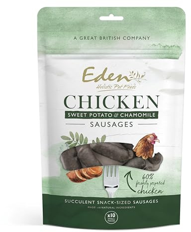 Chicken, Sweet Potato & Chamomile Sausage Treats, Suitible for Adult and Senior Dogs, Succulent soft large Sausages, perfect for training or as a reward, dog treats. 1 Pack - 10 Small Sausages