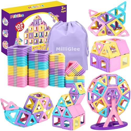 MilliGlee Magnetic Tiles - 102PCS Magnetic Building Blocks for Kids with Storage Bag Magnetic Blocks for Kids Magnets for Kids Magnetic Toys for 3 4 5 6 7 8-12 Year Old Girls Boys Birthday Gifts