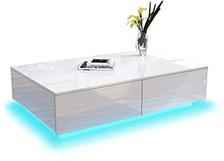 Chebinsiti LED Coffee Table for Living Room, High Gloss Coffee Table with 4 Drawers, 16 Colors RGB LED Lights, White, 60*95*31cm