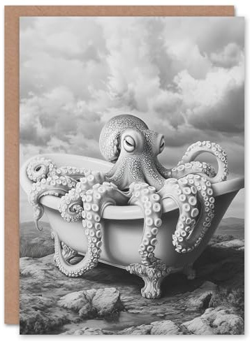 Artery8 Personalised Giant Octopus Bathtub Black White Mountain Cliff For Him Or Her Art Birthday Card
