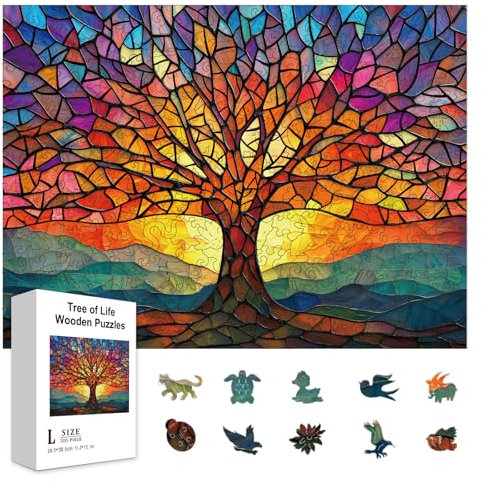 GLOBLELAND 300 pièces Puzzle en Bois en Forme d'arbre de Vie en Vitrail pour Enfants 15.1x11.2pouces Casse-tête en Bois pour Adultes Puzzles Forme Unique Colorés pour Cadeaux d'anniversaire