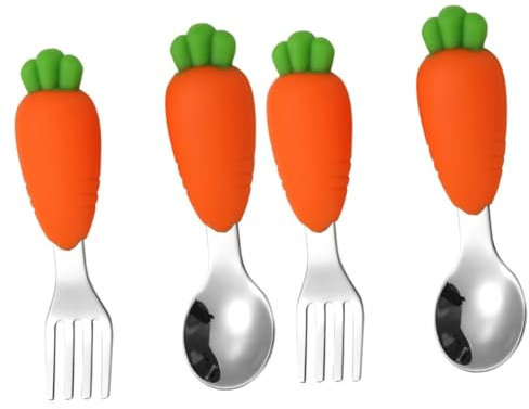 JOINPAYA 4 Pièces Fourchette Cuillère Inox Réutilisable Fourchettes Sevrage Mangeoire Enfant En Bas Âge Assiettes Cuillère Et Fourchette à Carottes Couverts Pour Tout-petits Gel De Silice