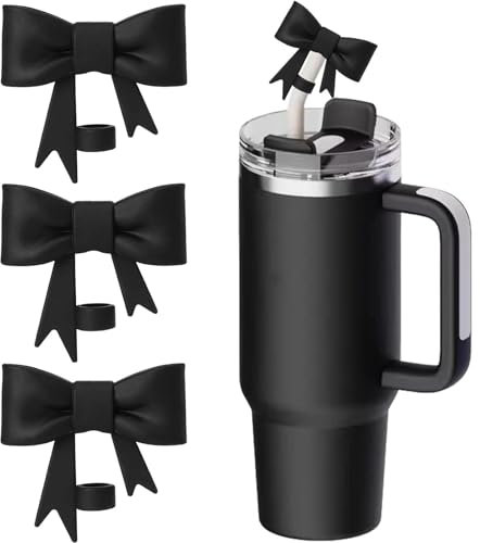 Addein 3 Pcs Bow Stanley Cup Straw Cover, Silicone Cup Straw Topper, Reusable Straw Protector Topper for Stanley Cup Accessories 30&40 Oz Tumbler(Black)