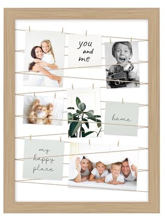 KNOR Clip-Fotohalter, Fotowand zum Anbringen von Fotos, Fotohalter Fotorahmen Bilder Rahmen Galerie, mit 20 Kleinen Holzklammern (Buche, 50x70 cm)