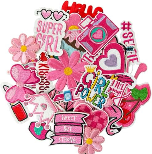 AXEN Embroidered Iron on Patches for Girls, Pink Girls Applique for Clothes, Hat, Backpack, Jeans, DIY Accessories, Pack of 30