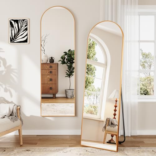 Dripex Miroir sur Pied Arqué, Grand Miroir Mural avec Cadre en Aluminium 150x40cm, Miroir en Pied Penché ou Suspendu pour Salon, Chambre, Salon, Entrée-Or