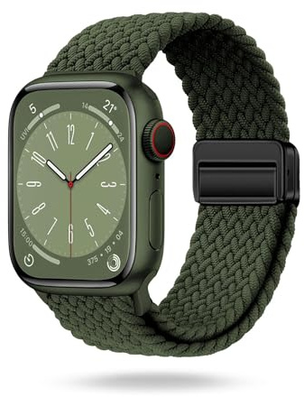ONEFLOW Casual Loop Kompatibel mit Apple Watch 10 (42mm) Geflochtenes Armband Elastisch, Textil iWatch Armbänder Damen Herren, Sport Nylon Stoff Band Verschluss Magnetisch, Oliv