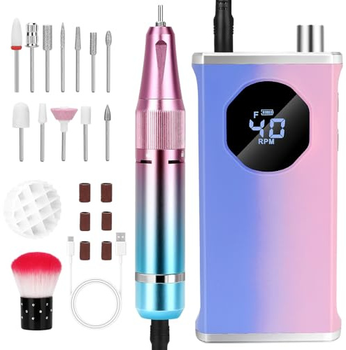 40000RMP Professional Electric Nail Drill with 12 Drill Bits -3,000mAh Rechargeable Nail File Low Noise and Heat Electric Nail Drills for Nails Manicure and Pedicure Kit