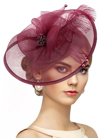 ETOFETE Women Fascinator Hat Flower Feather Wedding Fascinators Headband Bridal Headwear Top Hat with Hair Clips for Race Derby Ascot Red
