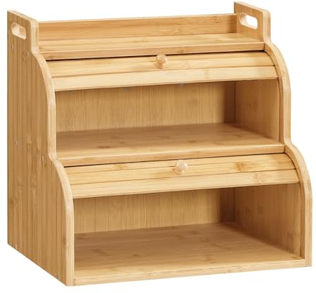 HOOBRO Bread Box, 2-Tier Bread Storage Box with Roll-Up Doors, Bamboo Storage Cabinet for Kitchen Countertop, Food Storage Organizer with Handles, for Kitchen, Dining Room, Natural EYL15MB01