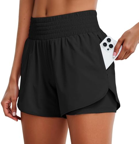 QIUhhpuy Short Sport Femme Short Running Femme Sport Taille Haute Course A Pied Trail Fitness Tenue Yoga 2 en 1 VêTements Jogging SéChage Rapide Poches ZippéEs Bermuda avec Doublure