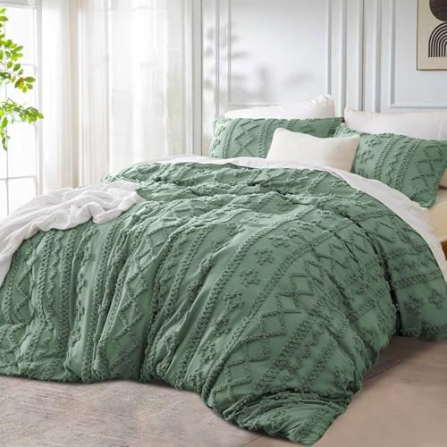 DXHOME Getuftet Bettwäsche Grün Dunkelgrün 135x200cm Boho Vintage Wendebettwäsche Set Geometrische Weiche Microfaser Bohemian Bettbezug mit Reißverschluss + 1 Kissenbezug 80x80 cm