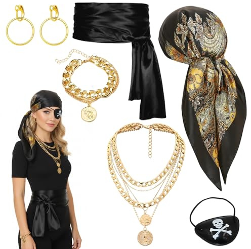 6 Stück Schwarzen Piratenkostüm Damen, Piraten Kostüm Frauen Accessoires | Kopftuch, Gürtel, Augenklappe, Ohrringen, Halskette und Armband, Halloween Karneval Kostüm Damen Pirat