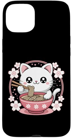 Cute Cat Eating Noodles Kawaii Anime Style Case for iPhone 15 Plus