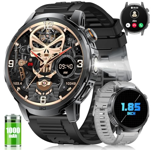 FITFLEX Smartwatch Herren-1000mAh/LED-Licht, 1,85 HD, Herz-/Schlaftracking | Militär Smart Watch mit 120+Sportmodi, Schrittzähler, IP68 Wasserdicht, Sportuhr Outdoor für Android iOS, 2 Silikon Band