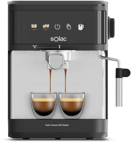 Solac – Cafetera Espresso Digital | 850W | Presión 20 bares | Depósito 1,8L | Brazo 1 y 2 salidas | Vaporizador | Control Táctil | Superficie Calienta tazas | Apagado automático