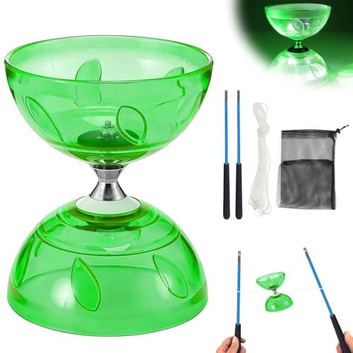 LED Diabolo mit Kugellager, Diabolo Freiläufer mit kugellager, Dreifache Lagerung Set, 4 Farben Blinkendes Dreifachlager mit 10m Ersatzseil, Netzbeutel und Profi-Stange für Erwachsene (Grün)