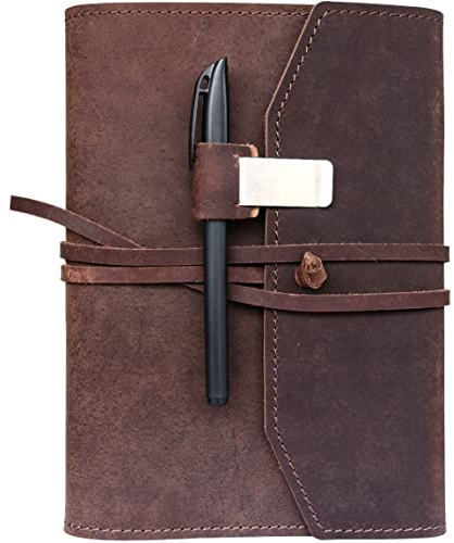 Tagebuch aus echtem Leder, Größe A5 mit leeren Notizbuch, nachfüllbar, dunkelbraun
