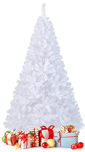 GOPLUS Sapin de Noël Artificiel Blanc 150 cm, Arbre de Nöel avec 350 Branches, Socle en Fer, Feuilles en PVC, Décoration de Noël, Idéal pour Suspendre Guirlande de Lumières et Etoile, 4 Tailles