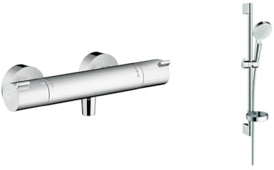 hansgrohe Ecostat Mitigeur Thermostatique 1001 CL douche, chromé, 13211000 & Crometta Set de douche Vario avec barre Unica'Croma 65 cm et porte-savon, blanc/chromé, 26553400