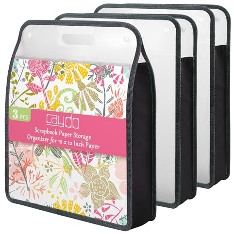 Caydo Scrapbook Papier Organizer, 3er Pack Schwarze Erweiterbare Papiermappe mit Griff, Klare Tragbare Scrapbook Papier Aufbewahrung für 30 x 30 cm Scrapbook, Vinyl Papier