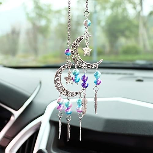 Auto Rückspiegel Anhänger,Traumfänger Auto Spiegel Anhänger Ornament Autospiegel Anhänger Deko Boho Fenster Hängende Dekorationen Anhänger Für Schlafzimmer Wohnzimmer Balkon -Mond