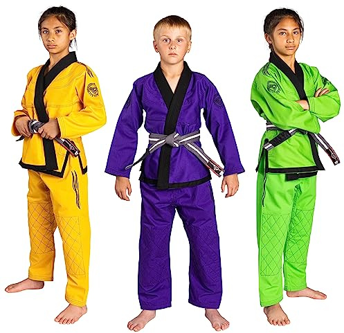 KO Sports Gear Kids BJJ Gi Set, Pre-Shrunk Jiu Jitsu Uniform, Pearl Weave Jacket, and Rip Stop Pants, Cotton Kimono for Kids Martial Arts, Grappling and Daily Training, Belt Not Included (Purple, M0)