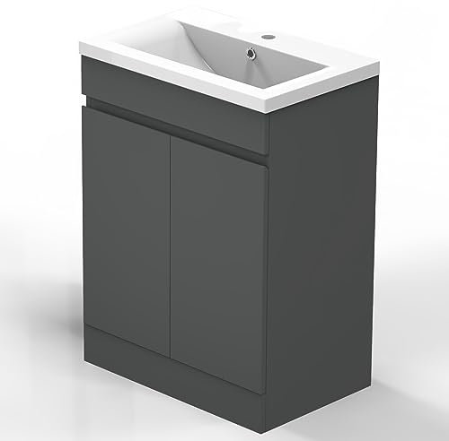 Skybathroom 600mm Matte Grey Bathroom Vanity Unit with Ceramic Basin Freestanding Storage Cabinet 2 Doors