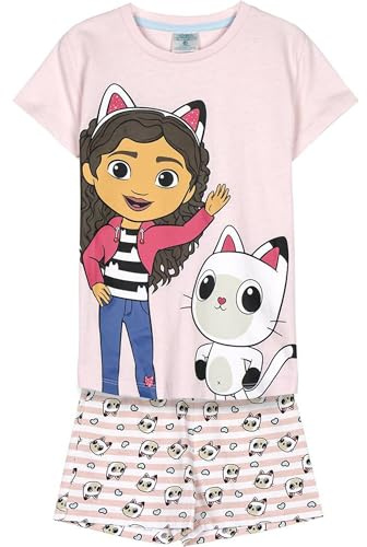 Gabby's Dollhouse kurzer Schlafanzug - Rosa und Weiß - Größe 6 Jahre - Schlafanzug für Jungen - 100% Baumwolle 145gsm - Gabby Print und Paws Panty - Original Produkt entworfen in Spanien