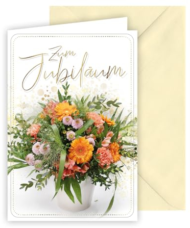 KE - Glückwunschkarte zum Jubiläum, inkl. Umschlag, DIN B6 Format, Gratulationskarte allgemein, beige, Motiv: Blumenstrauß