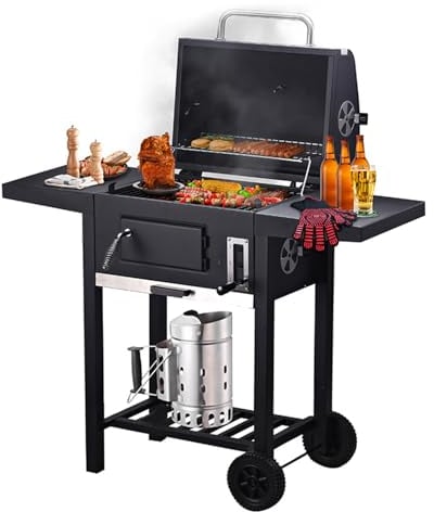 Outdoor-BBQ-Grill, Tragbarer Barbecue-Holzkohlegrill mit 2 Klappbaren Seitentischen, Thermometer, Verstellbarem Kamin, Rädern und Haken, Mobiler Großer BBQ-Smoker