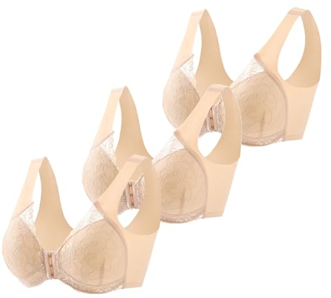 3PC Damen-Vorderseite mit Schnalle, Spitzenkante, ohne Stahlring, Bewegung, Nahtlose Raffung, Anpassung, Yoga, Schlaf, großer BH Damen Set (Beige, XXXL)