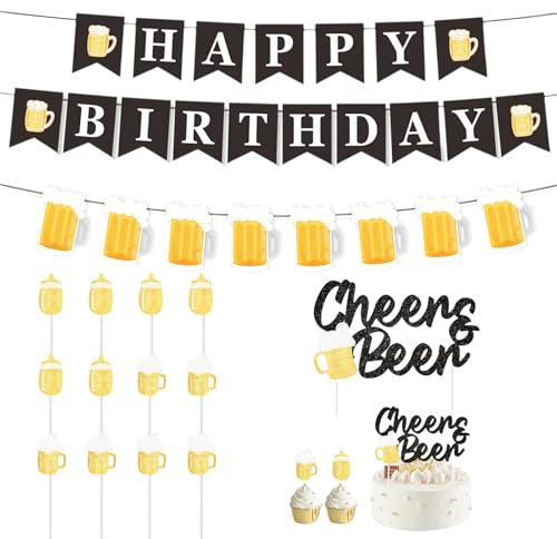 15 Pack Beer Birthday Decorations Set Beer Mug Pennant Banner Cake Toppers with Beer Mugs Happy Birthday Decorations for Men Women Happy Birthday Set