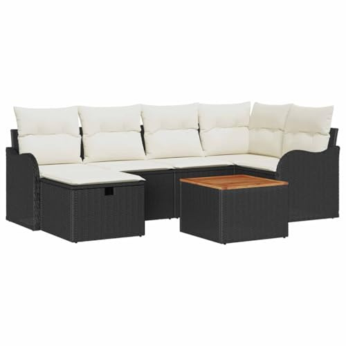 vidaXL 7-teiliges Gartensofa-Set mit Kissen aus schwarzem Polyrattan, verstellbaren Füßen und modulares Design für Deine Terrassenmöbel