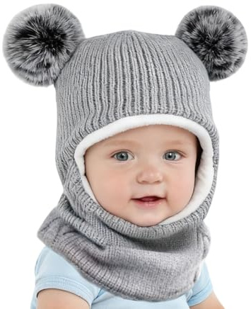 MOERAE Schlupfmütze Kinder, Wintermütze Baby, Mit Ohrenklappen Und Nackenwärmer, Bommel Pom Pom Beanie Mütze Für Kleinkinder Mädchen Und Jungen