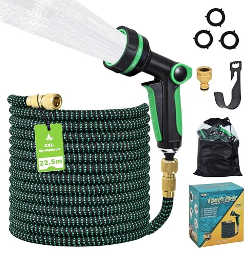 FLOWCASA Gartenschlauch Set 22,5 m, Flexibel x3, mit 10-Funktions-Brause | Von 7,5 auf 22,5 m ausziehbar; TPE 2500D, 24-cm-Brause mit 10 Modi, Metalladapter 1/2 und 3/4 für Garten, Balkon und Auto.