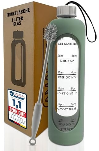 Amalindo Borraccia in vetro 1 l verde oliva | Adatta agli acidi gassati, con spazzola e custodia in silicone