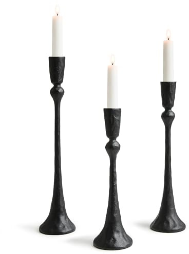 Cast Iron Taper Candle Holder Set of 3, Vintage Tall Decorative Candlestick Stands for Wedding, Christmas, Holiday & Home Decor (Black)
