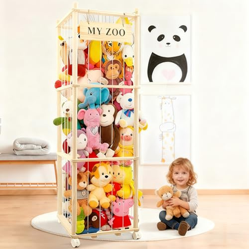 Wood Stuffed Animal Storage-3 Storey Wood Soft Animal Holder with Swivel | Large Plush Soft cuddly Toy Storage Cage for Baby Rooms, Bedrooms, Living rooms, Kids Room Furniture