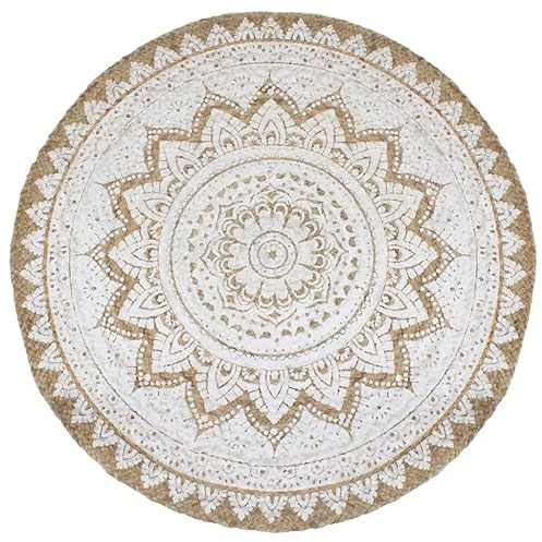 QUAHEAS Teppich Jute Geflochten Bedruckt 240 cm Rund, Handgewebter Area Rug für Wohnzimmer, Strapazierfähiger Fußbodenbelag mit Mandala-Muster, Beidseitig Verwendbar